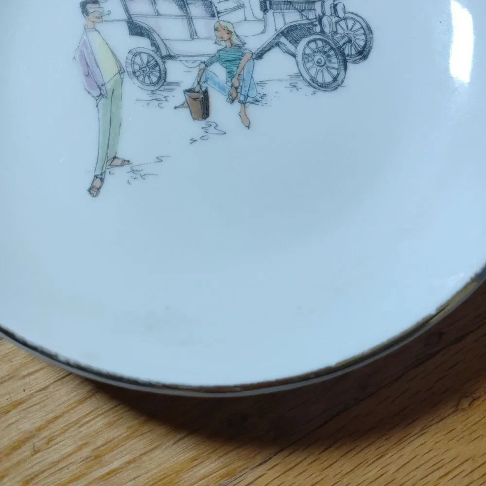 Vintage Bavaria Porcelain Serving Dish Gold Trim Whimsical Car Illustration Rare